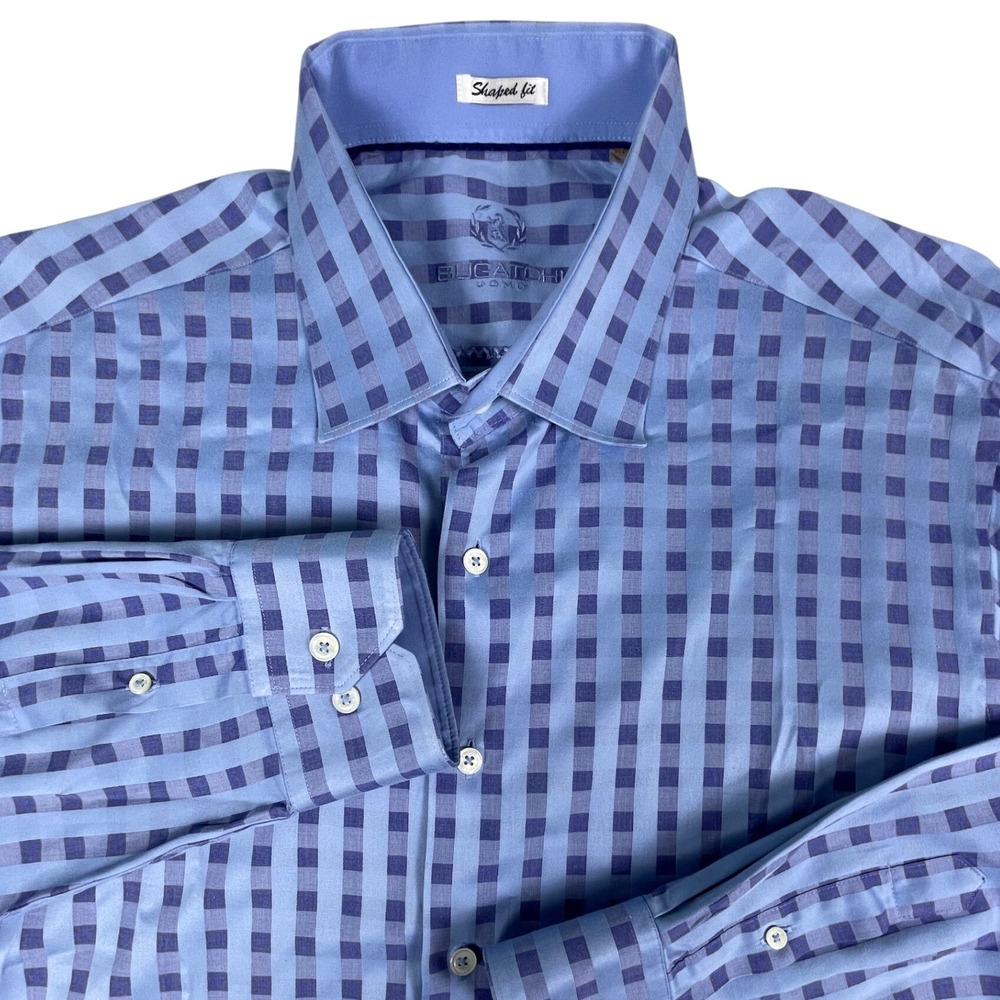 Bugatchi Uomo Shirt Mens XL Blue Gingham Shaped Fit Long Sleeve Button Down